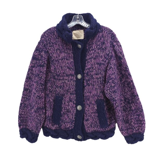 FRON ENTERPRISES 100% Virgin Wool Cardigan Blue Purple Marled Hand Knit LARGE?? - Picture 1 of 7